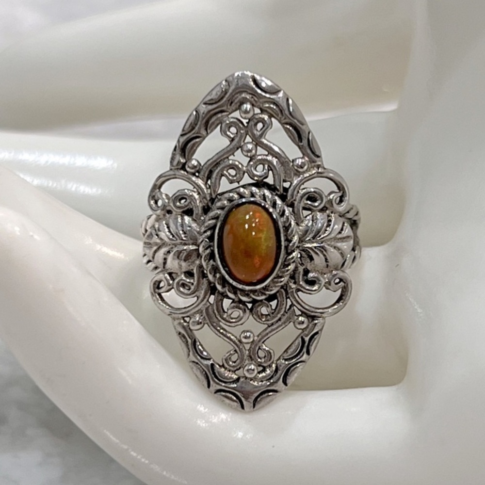 Red Ethiopian Welo Opal Sterling Silver Openwork Ring Sz 8